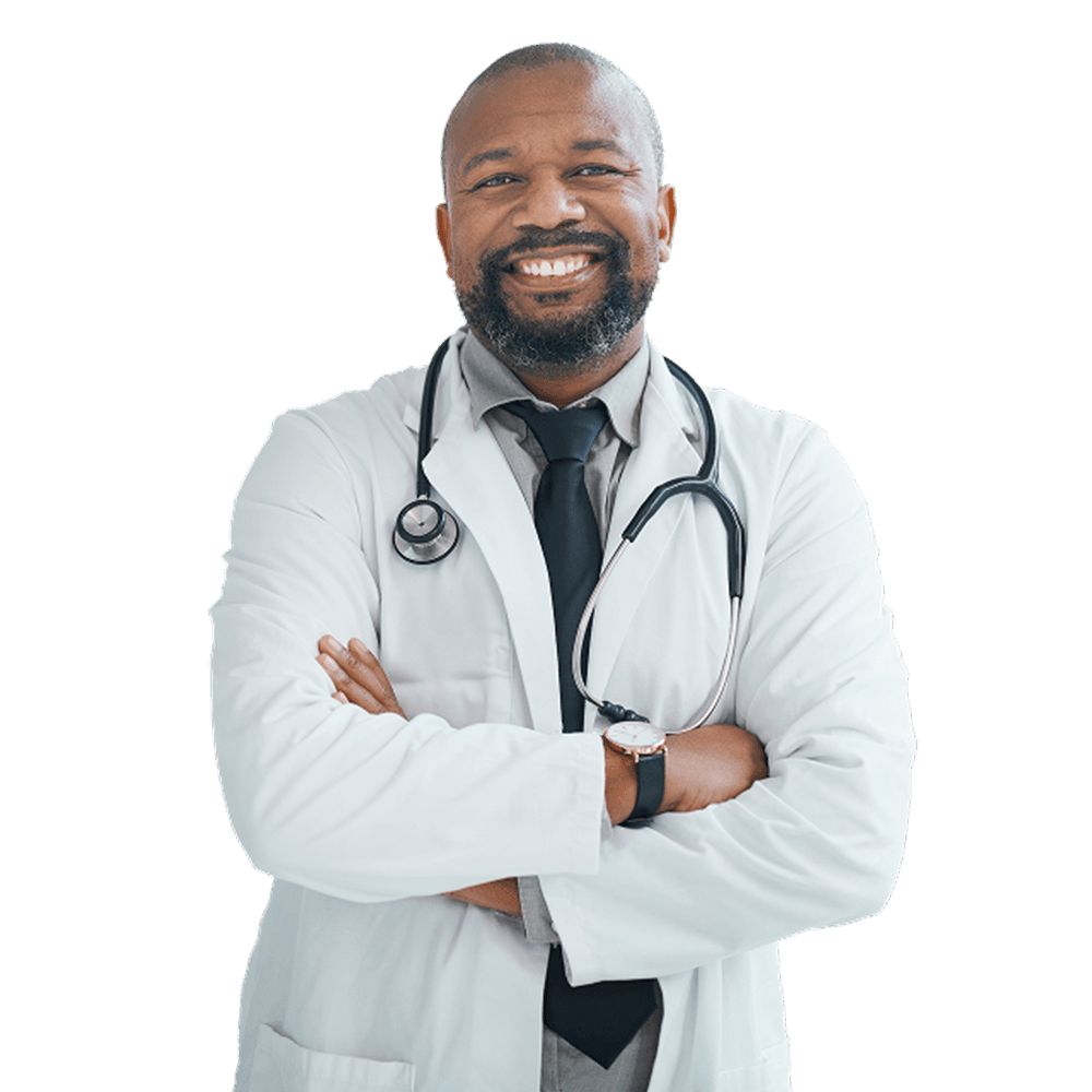 Male doctor smiling with arms crossed