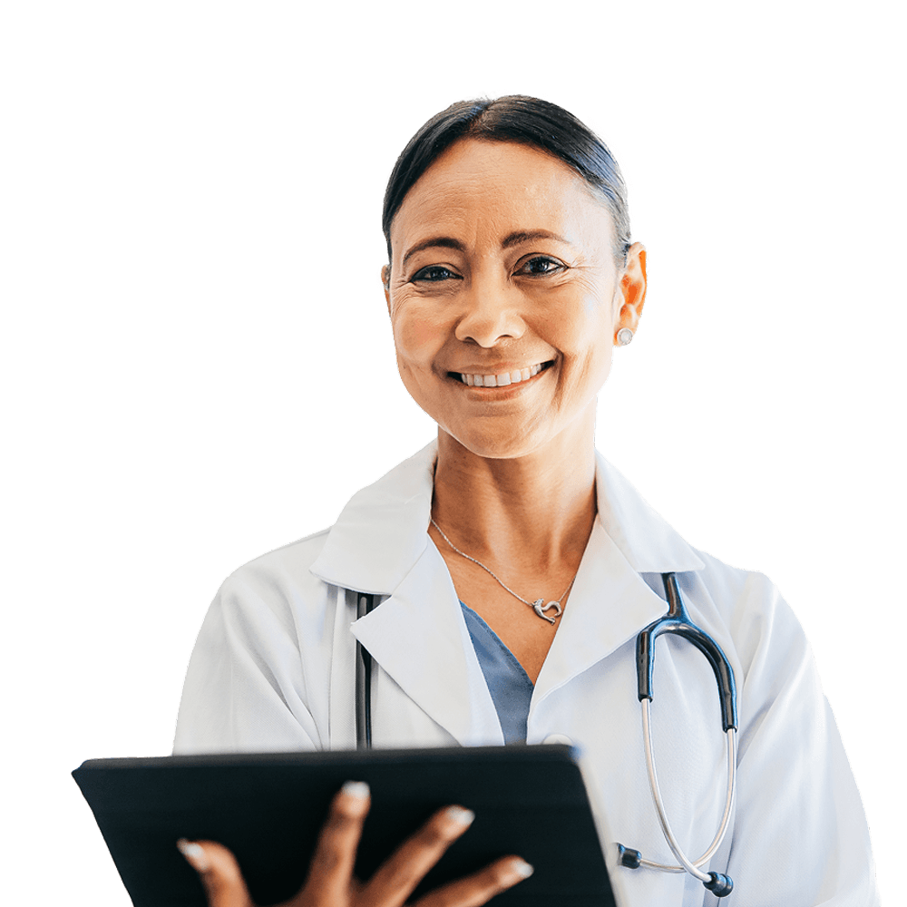 Female doctor smiling while holding tablet