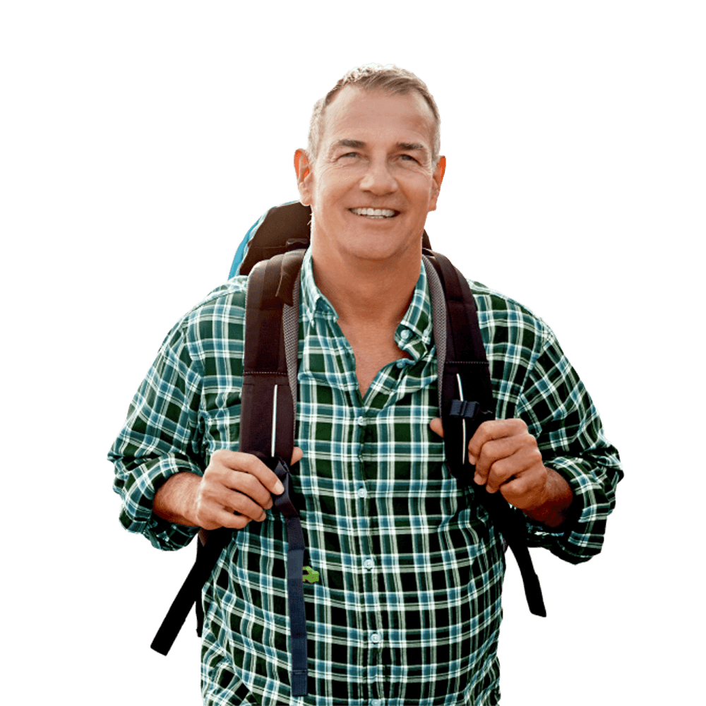 Man wearing a backpack and smiling